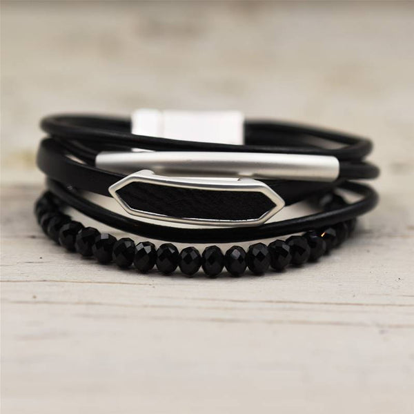 Matt Silver and Black Bead Detail Leather Bracelet 19cm