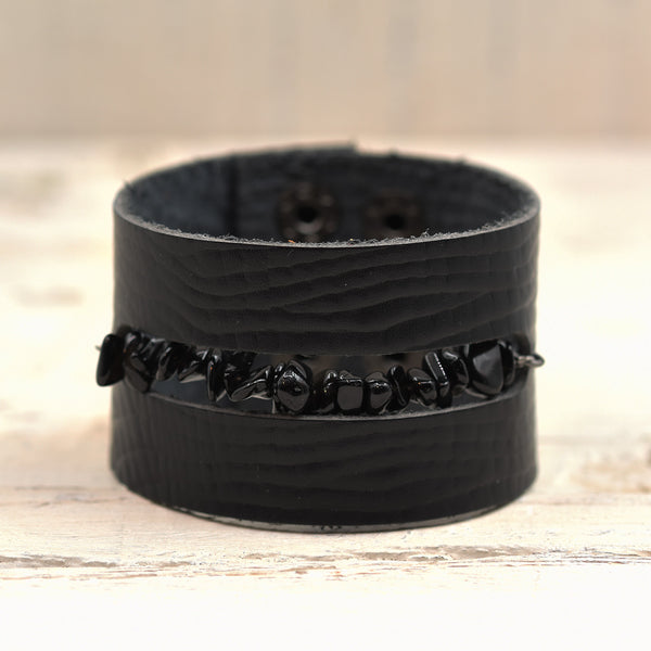 Luxury leather cuff with semi-precious chip middle section