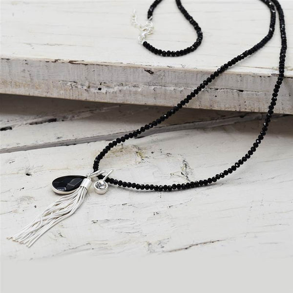Long cut glass necklace with black agate drop and tassel