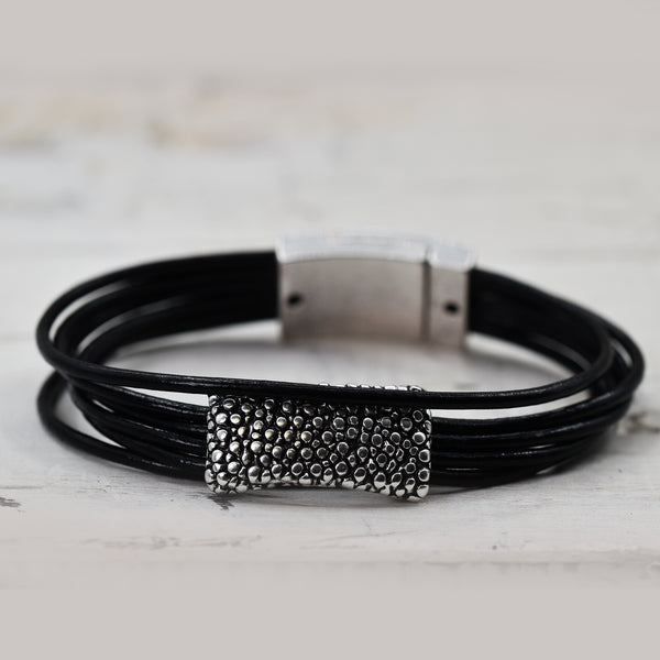 Black leather bracelet with stingray skin effect component