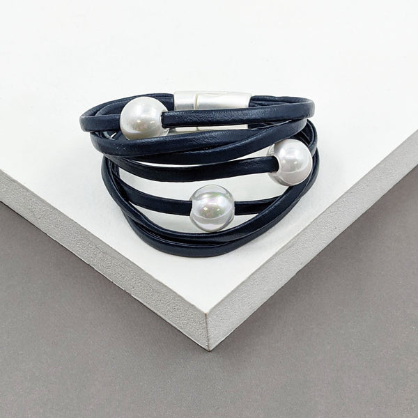 Multistrand PU bracelet with 3 high quality shell pearls