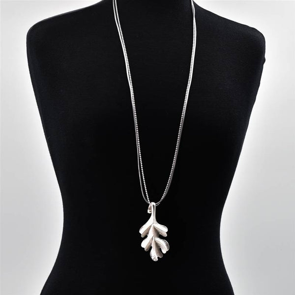Acorn leaf pendant on long leather and ball chain