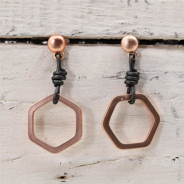Open hexagonal component on leather dangle earrings