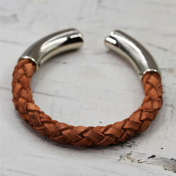 High quality flexible leather plaited open bangle with metal ends