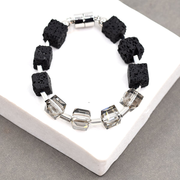 Black lava beaded bracelet with crystal beaded section