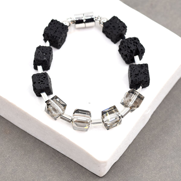 Black lava beaded bracelet with crystal beaded section