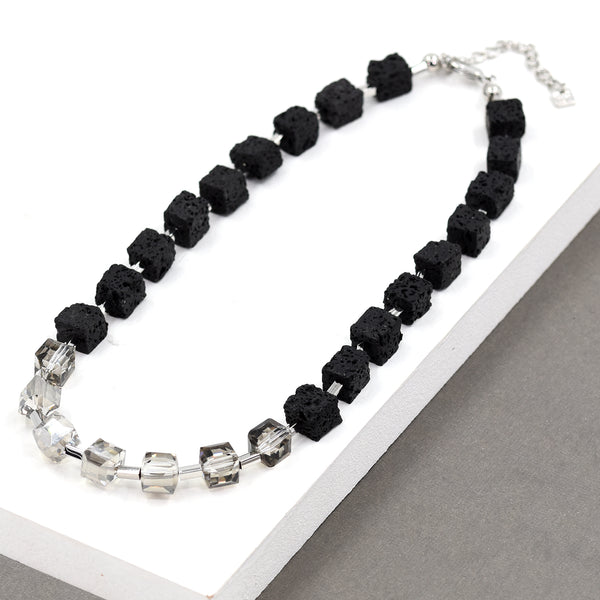 Black lava beaded short necklace with crystal beaded section