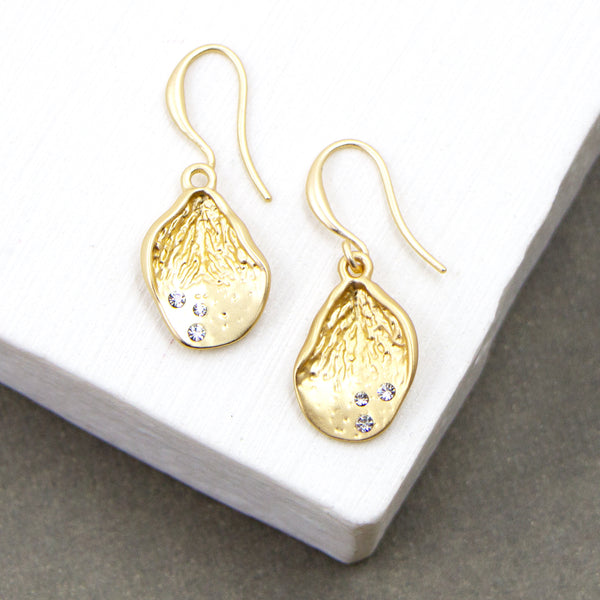Organic shape textured fish hook earrings with little crystals