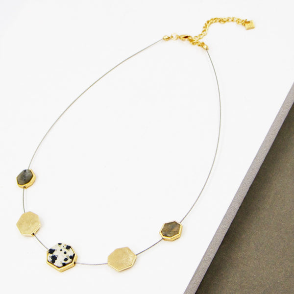 Geomentric semi precious pendants on short wire necklace