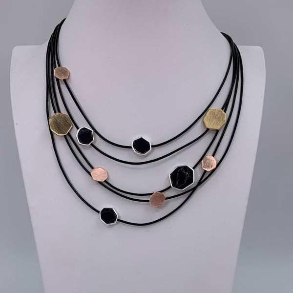 Hexagon elements leather necklace with semi precious stones