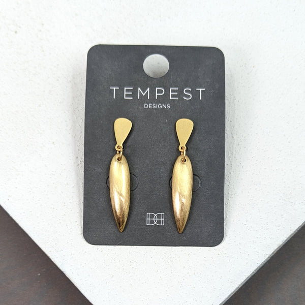 Scratched gold horn-like component drop earring