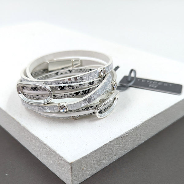 Double wrap snake PU bracelet with open oval and crystal components