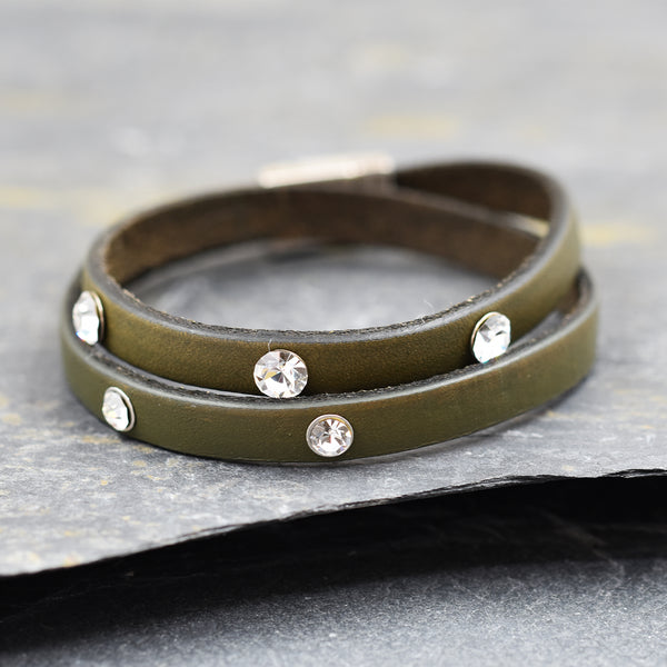 Double wrap around leather bracelet w/ crystals