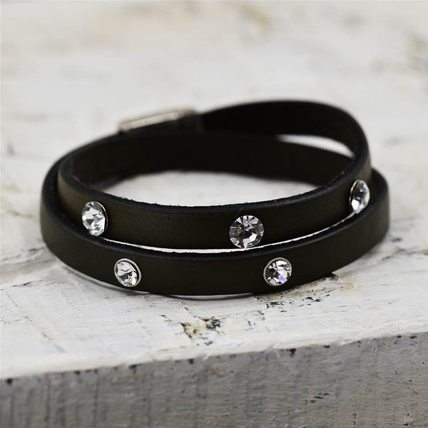 Double wrap around leather bracelet w/ crystals