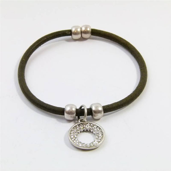 leather bracelet w- crystal circle charm & mag clasp