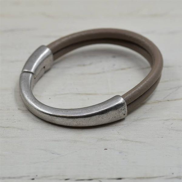 Antique Silver and Taupe Leather Bracelet 19cm