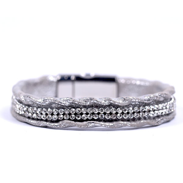 Crystal bands on faux leather bracelet with magnetic clasp