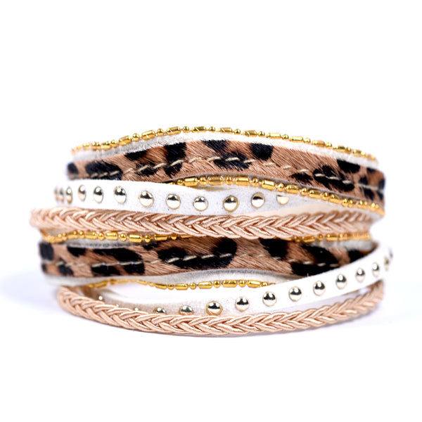 Multistrand wraparound bracelet w/plait & bead detail
