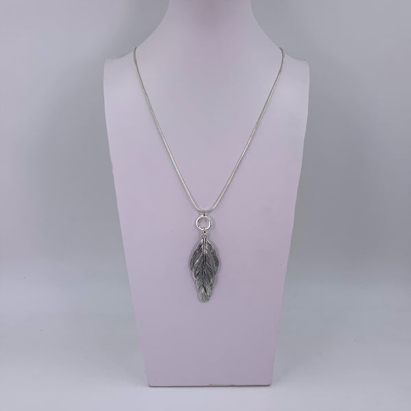 Antique silver scratched leaf long necklace