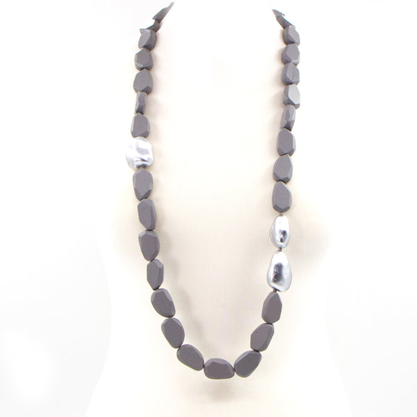 Long wooden beaded necklace with metallic accent feature