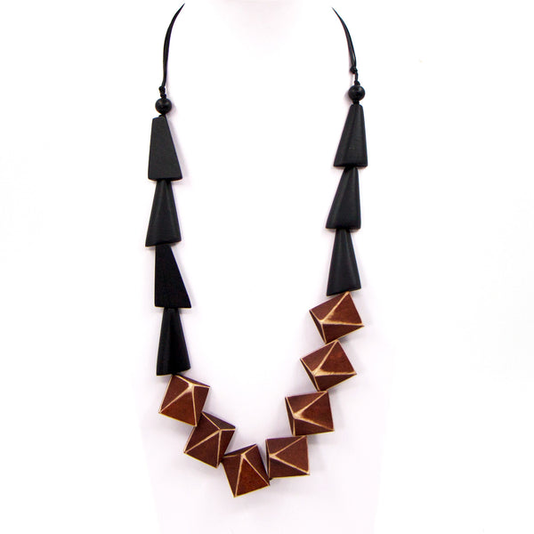 Geometric wood shape contemporary beaded necklace