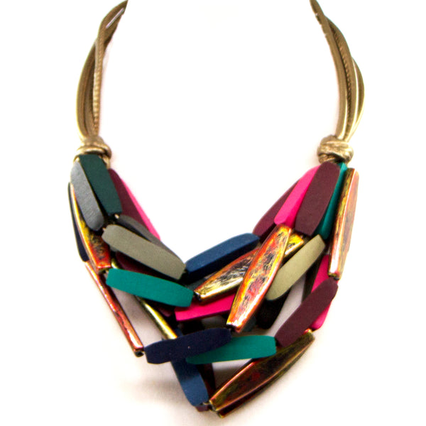 Elongated multi coloured wood beads short statement necklace
