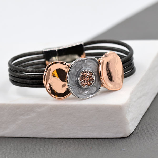 Multi strand triple pendant leather bracelet with crystals