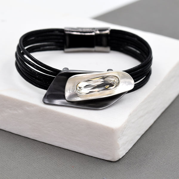 Multi strand leather bracelet with crystal pendant