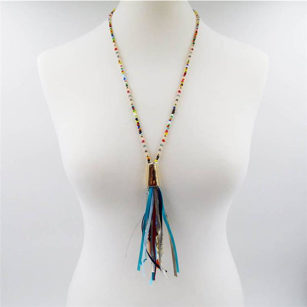 Beaded & tassel pendant on long bead necklace