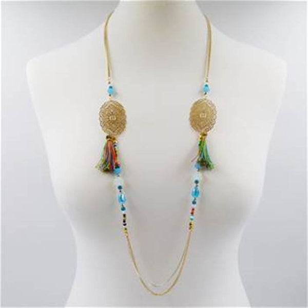 Long necklace w/multi facetted beads&filigree discs&tassels