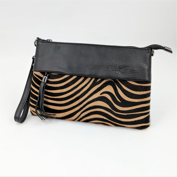 Stylish animal print Italian leather and horse hair clutch bag with cross body strap