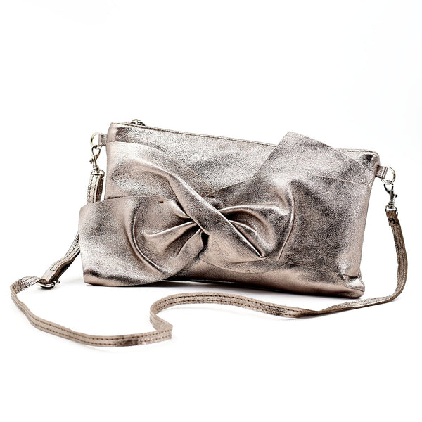 Bow like Italian leather clutch cross body bag