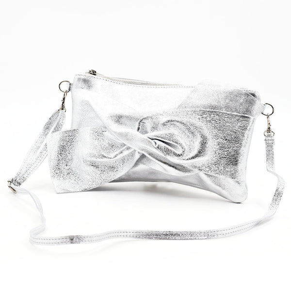 Bow like Italian leather clutch cross body bag