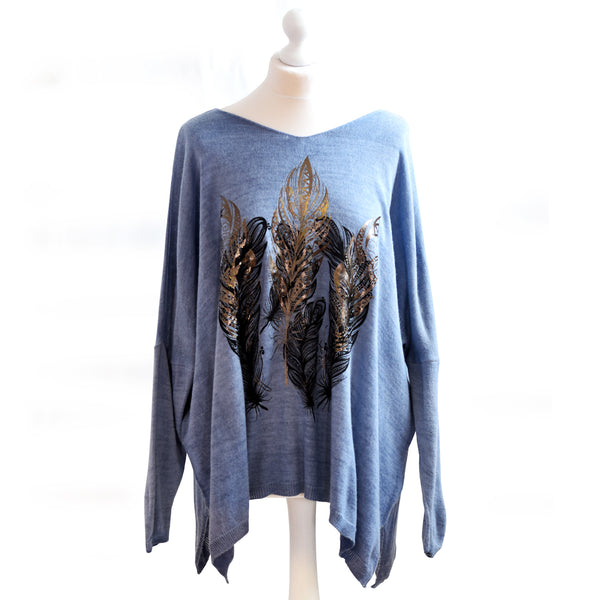 Fine knit jumper with metallic feather motif  29% polyacrylic