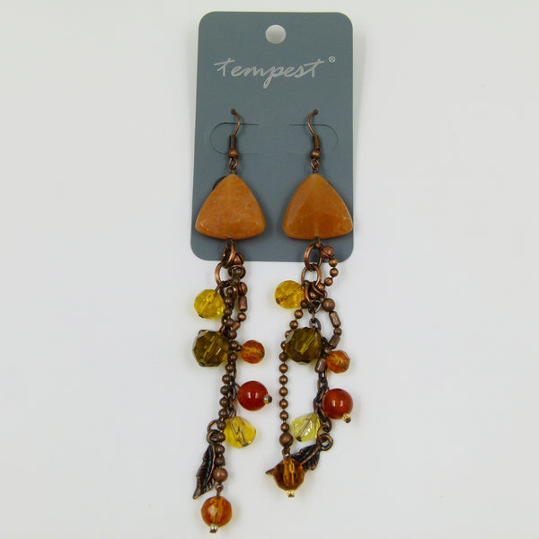Long beaded earrings with chain and leaf feature
