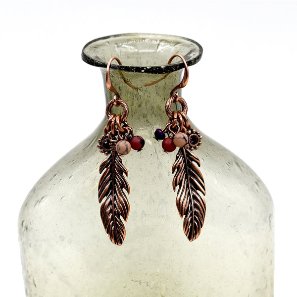 Feather pendant drop earrings with crystals & beading