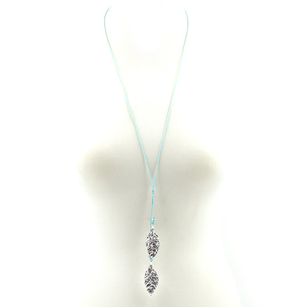 Long lariette-style leaf impression leather necklace