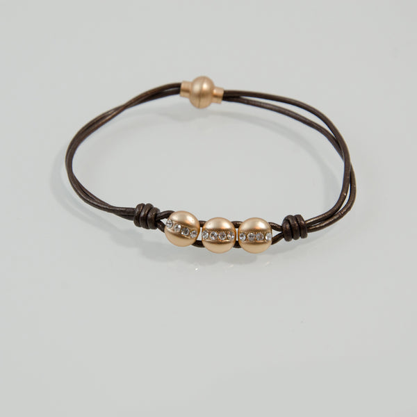 Triple bead detail with crystal on leather bracelet