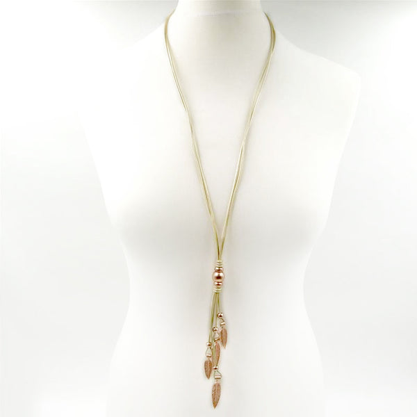 Multi leaf pendants on long Y shaped leather necklace