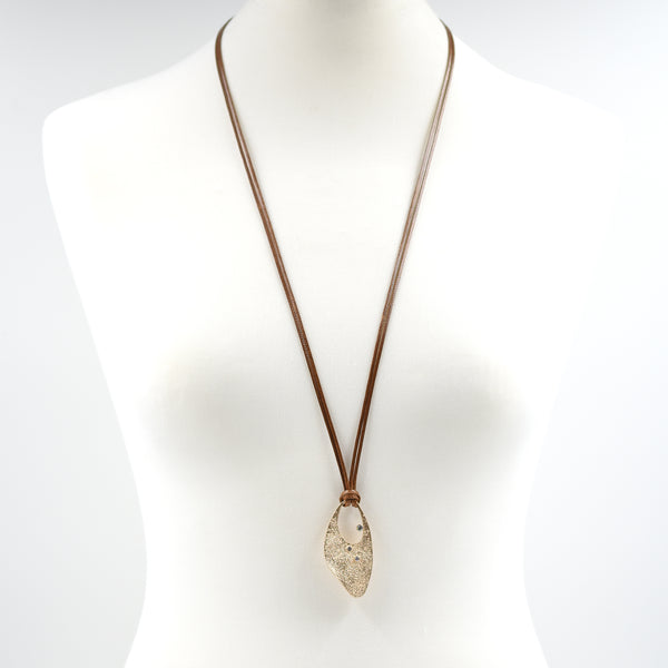 Organic shape pendant w/crystals on long wax cord necklace