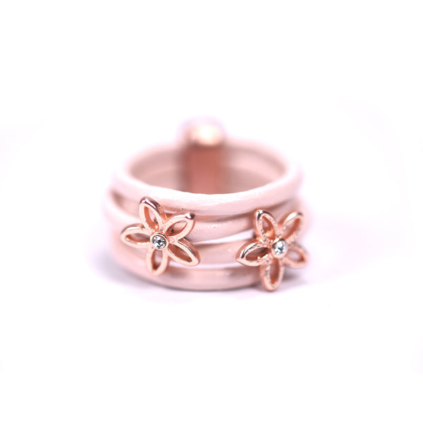 Multistrand leather ring with twin flower detail & crystals