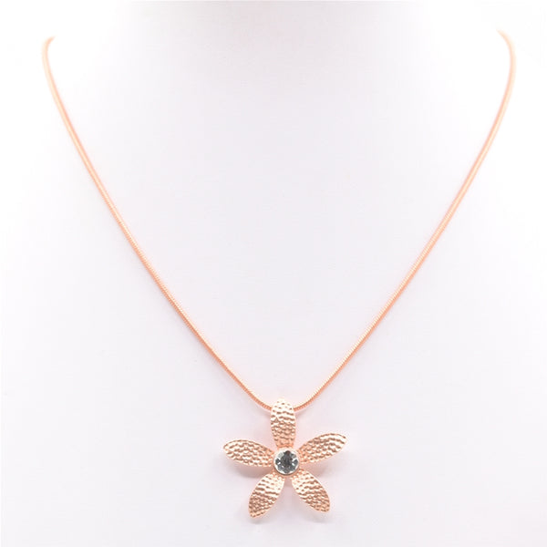 Five petal flower pendant with crystal on short snake chain