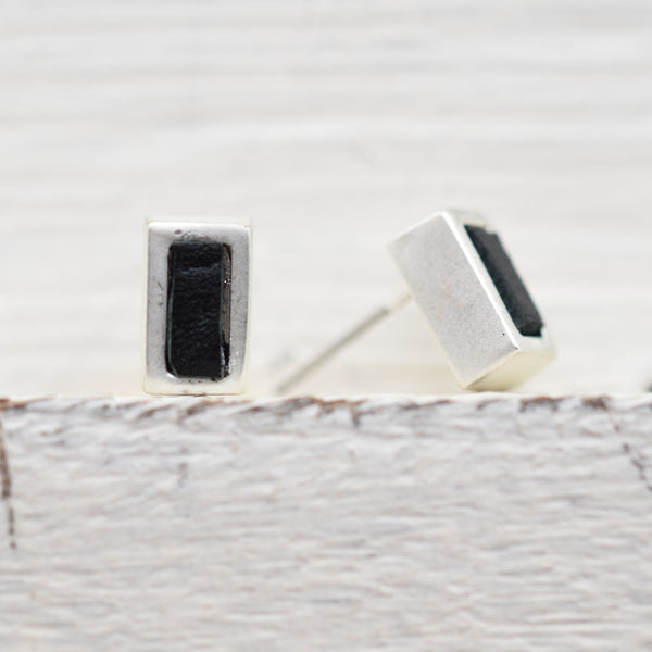 Patterned leather rectangle stud earrings