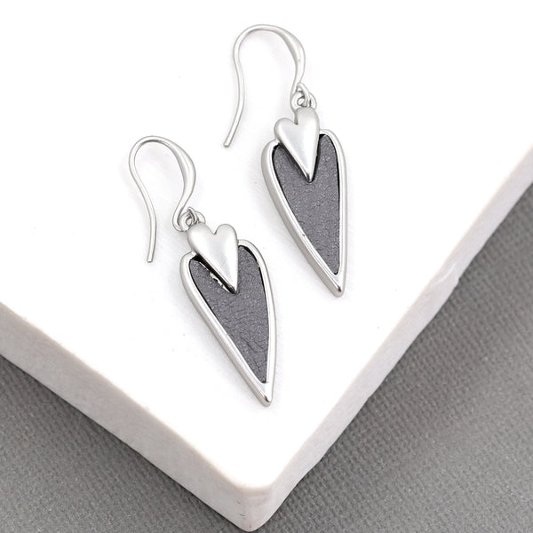 Heart fish hook earrings with leather inlay